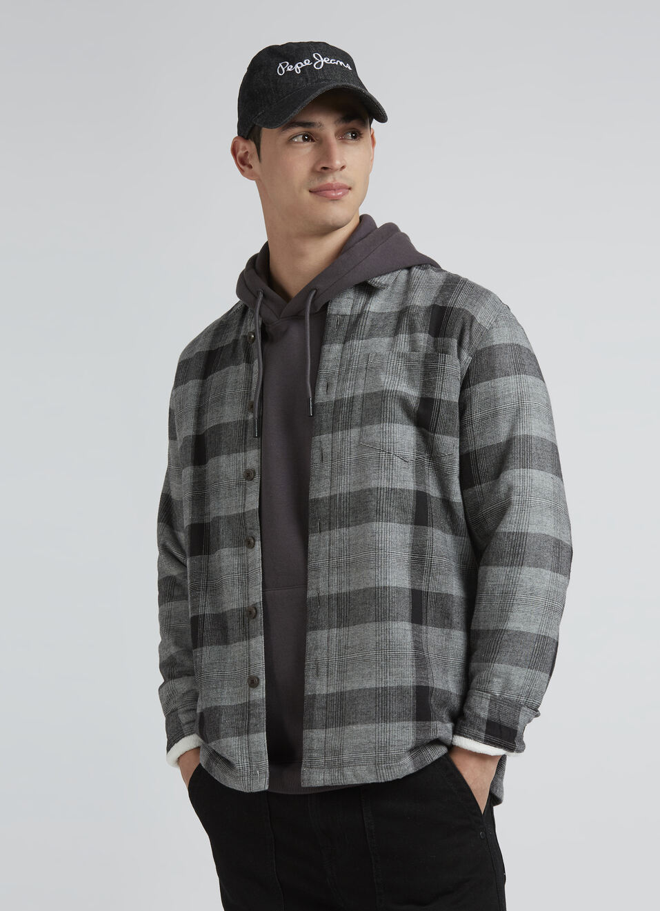Grey Check Full Sleeve Oversized Shirt, , large image number 0