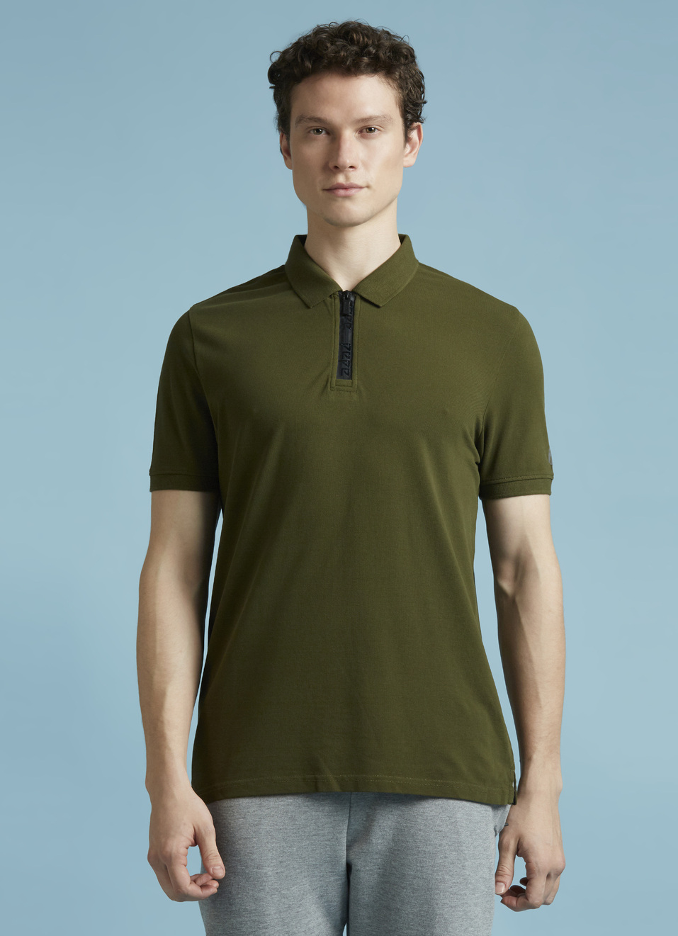 Olive Short Sleeves Zipper Stretch Polo, , large image number 1