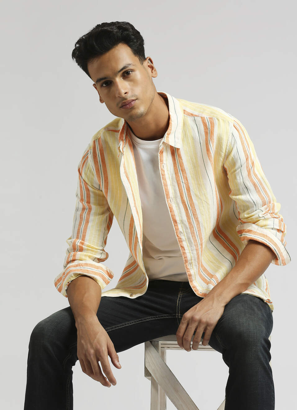 Yellow Stripes Pure Linen Summer Long Sleeve Shirt , , large image number 0