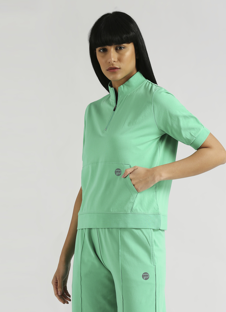 Green Reflective Print Kangaroo Pocket Puff Sleeve T-shirt, , large image number 3