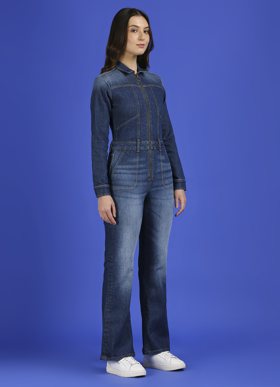 Blue Full Sleeve Flare Dungarees, , large image number 3