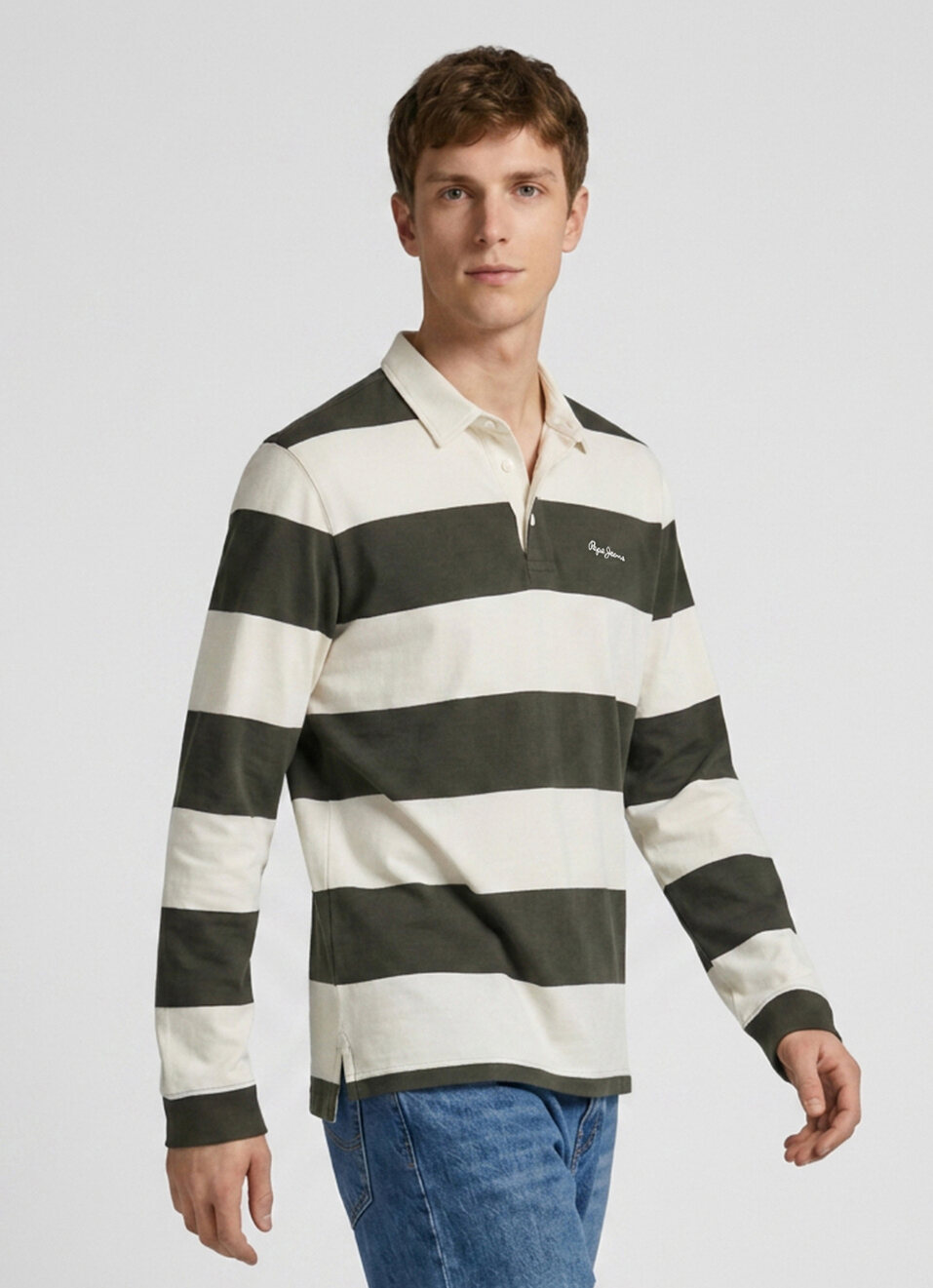 Men Olive Striped Rugby Polo Collar T-shirt, , large image number 3