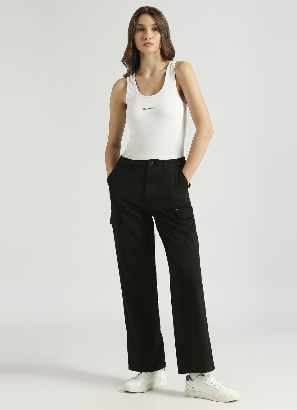 Black High Rise Straight Fit Cargo Pants, , large image number 5