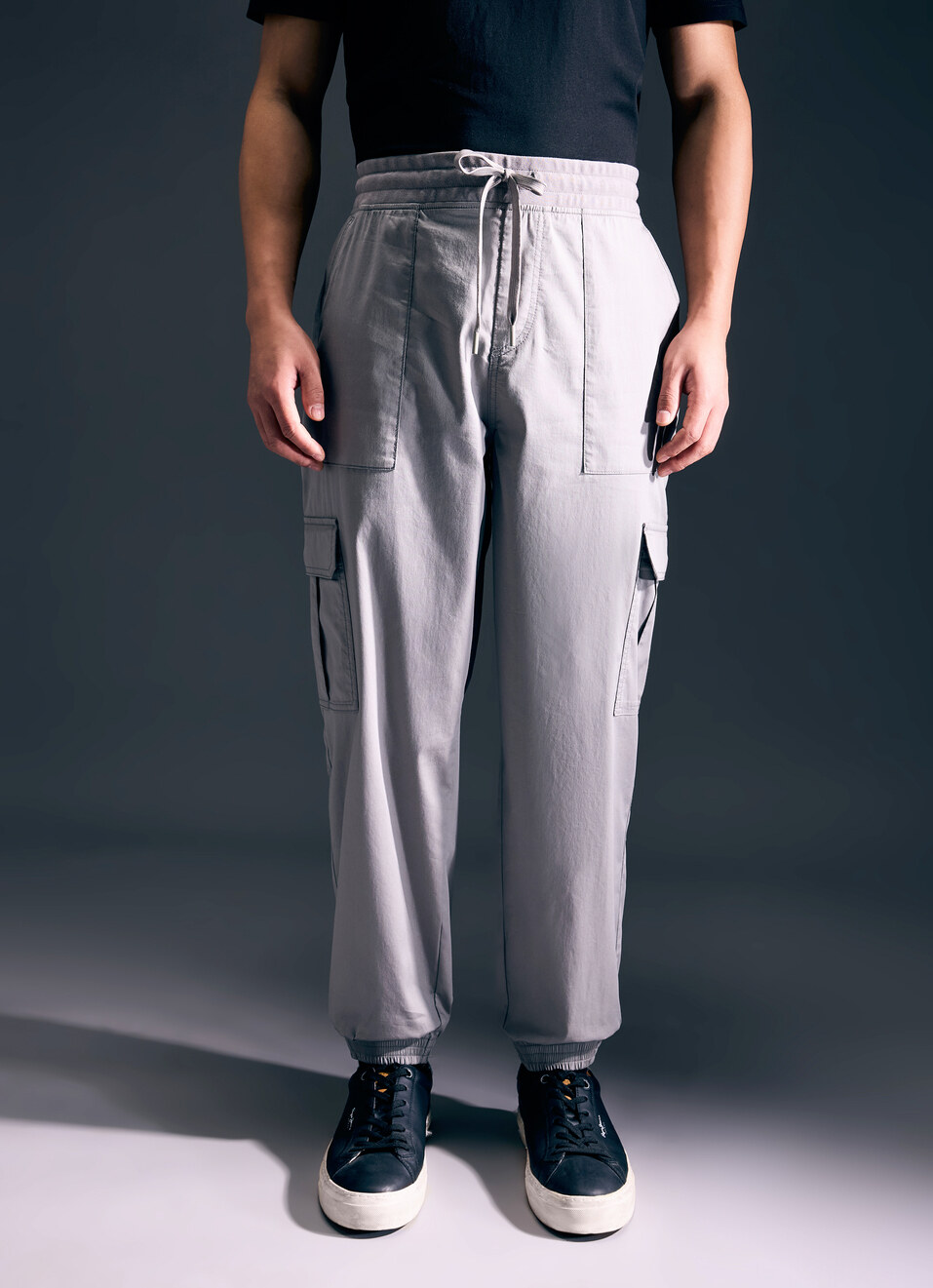 Men Grey Mid Rise Cargo Joggers, , large image number 1
