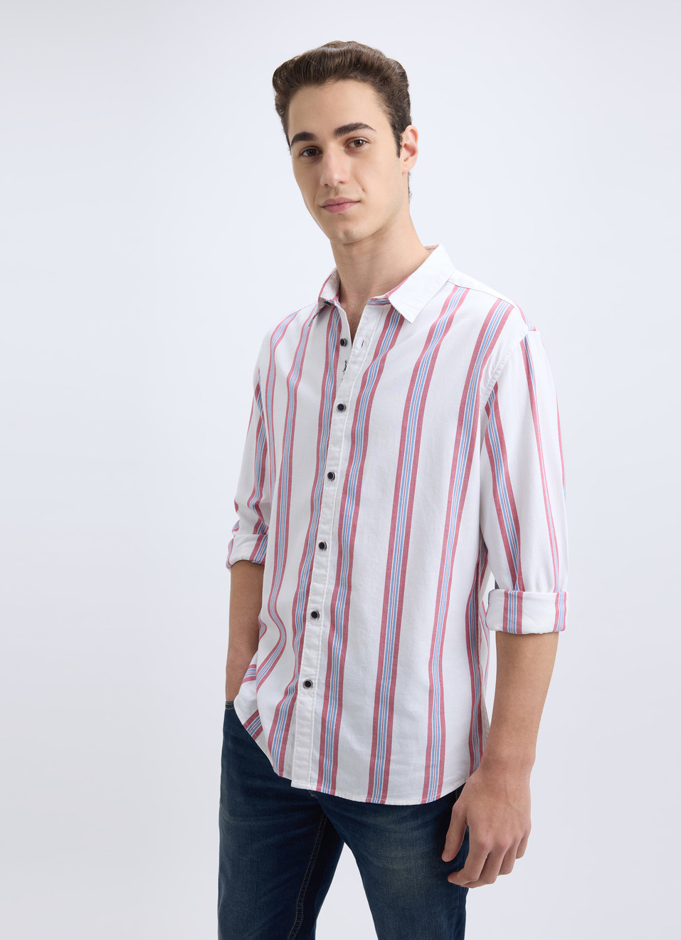 Men White Vertical Stripe Full Sleeve Shirt, , large image number 0