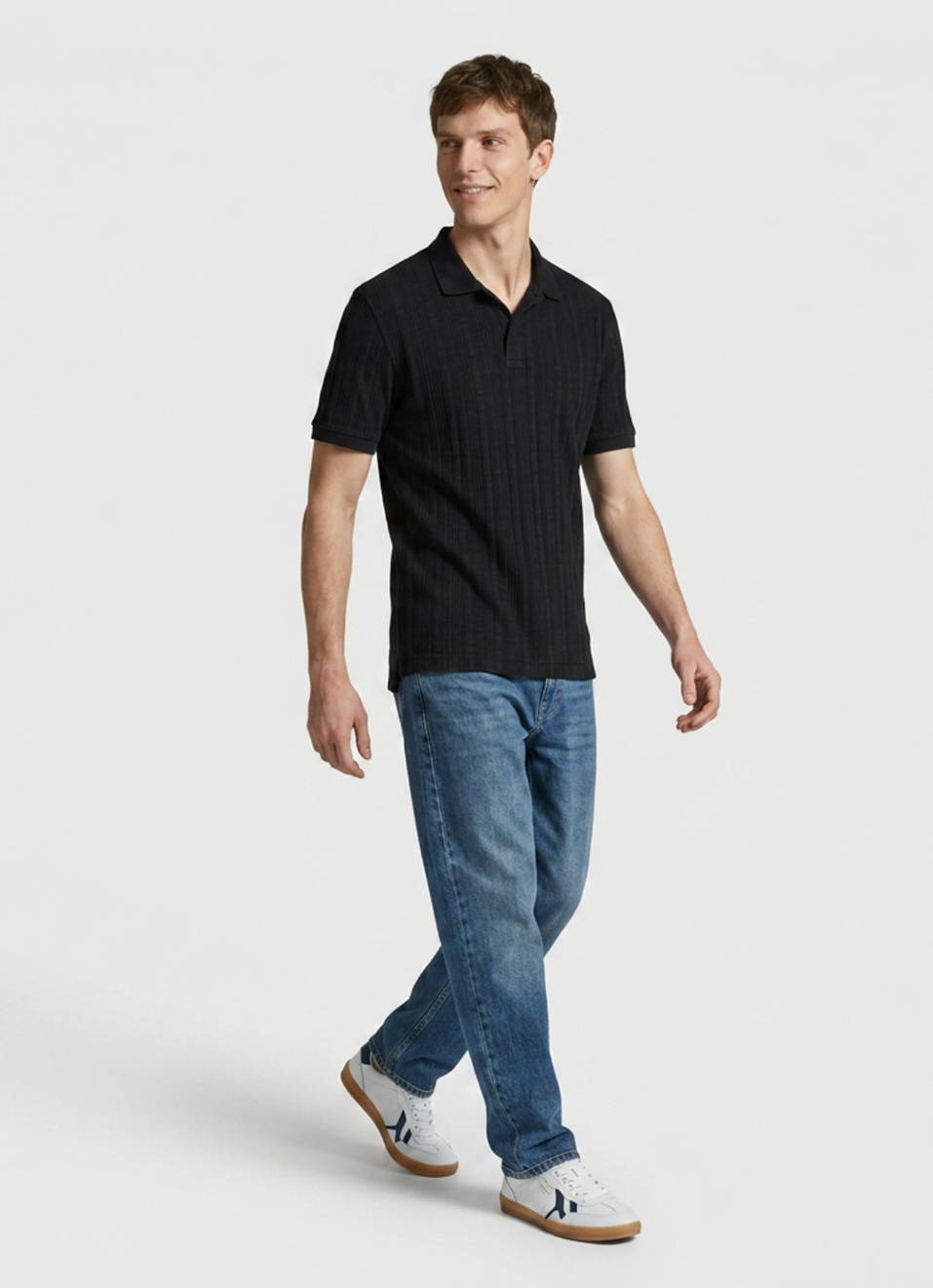 Men Black Striped Polo Collar T-shirt, , large image number 5