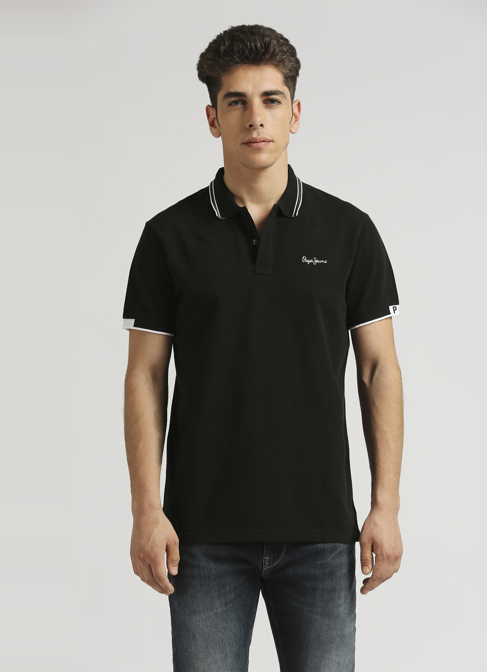 Black Solid Ribbed Collar Polo, , large image number 1