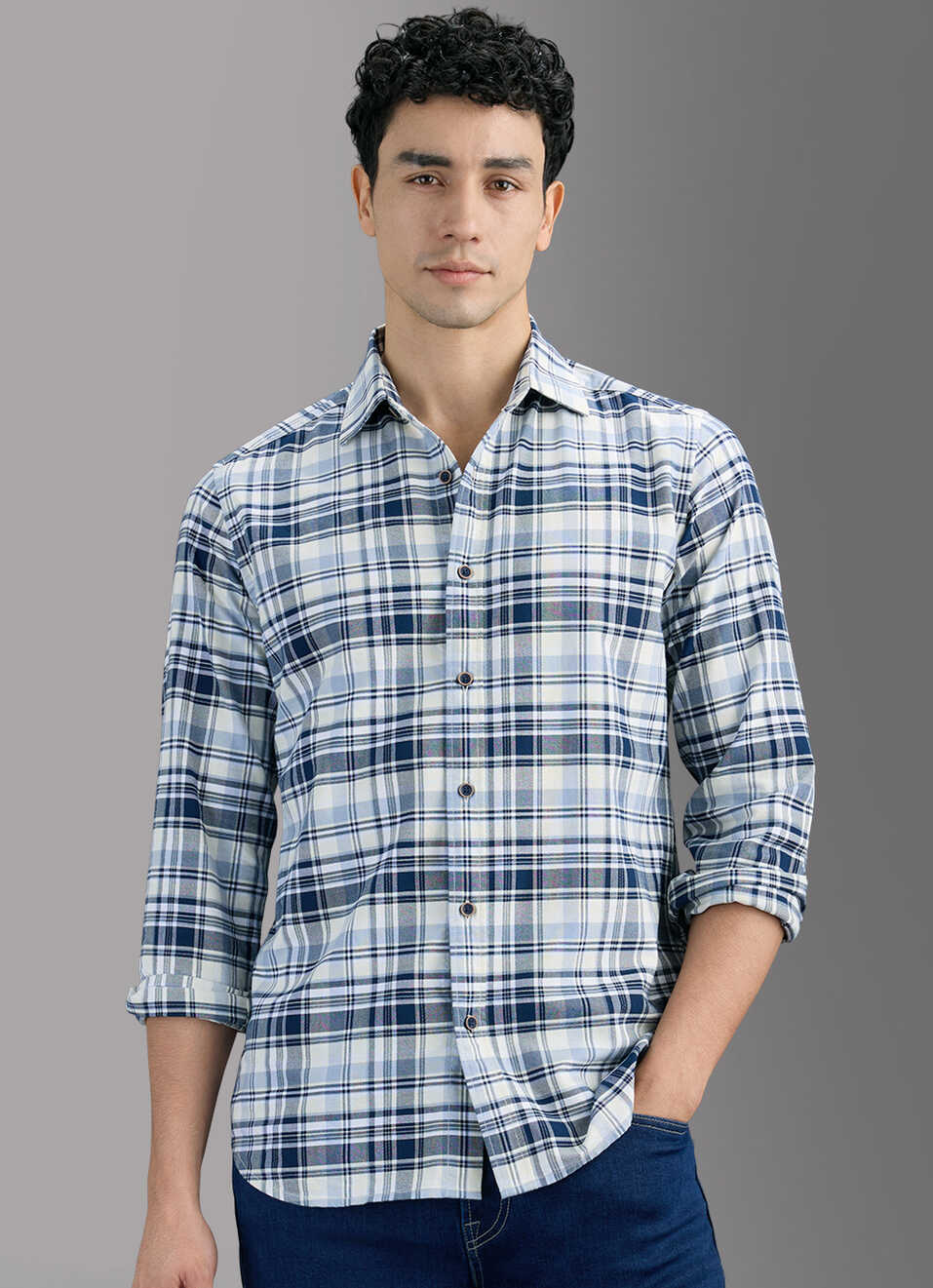 Men Blue Checked Shirt, , large image number 5