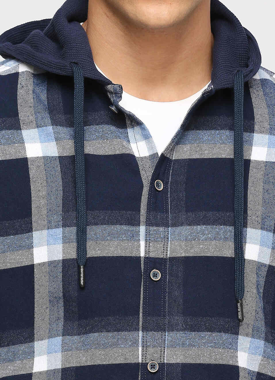 Navy Checks Long Sleeve Hooded Shirt, , large image number 4