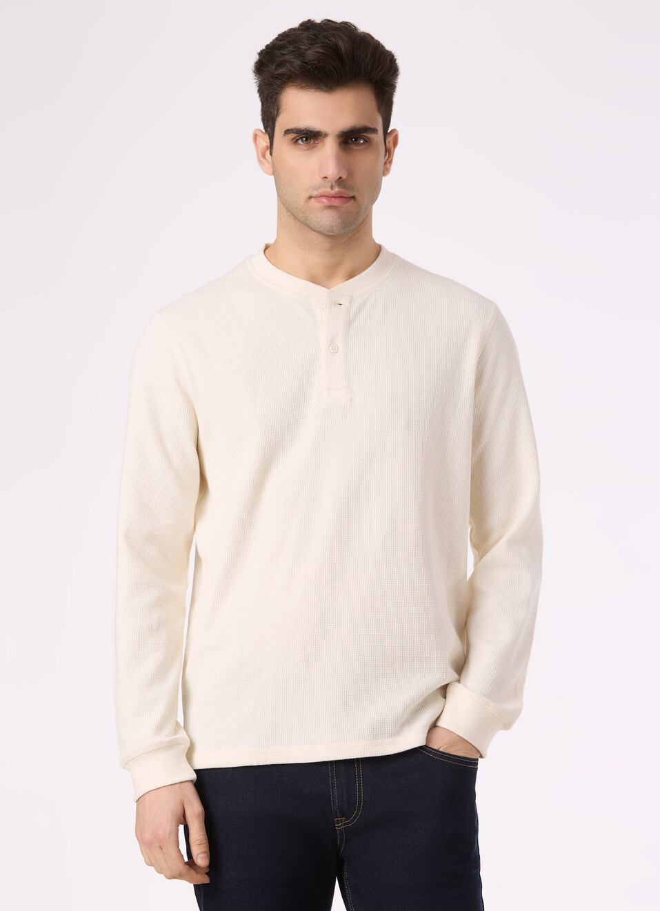Men Ecru Waffle Knit Henley Neck Full Sleeve T-shirt, , large image number 1