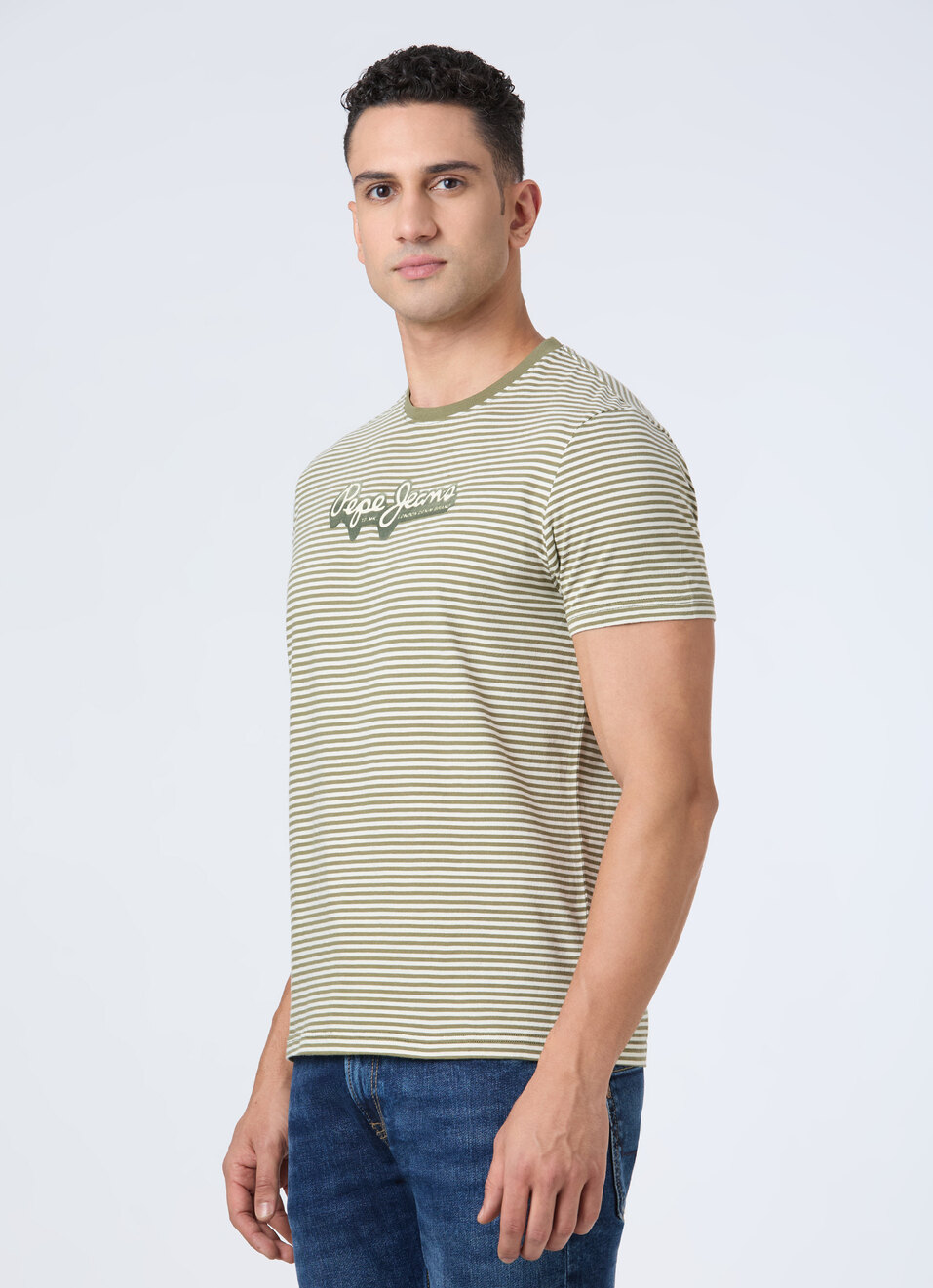 Men Olive Horizontal Stripe Short Sleeve T-shirt, , large image number 3