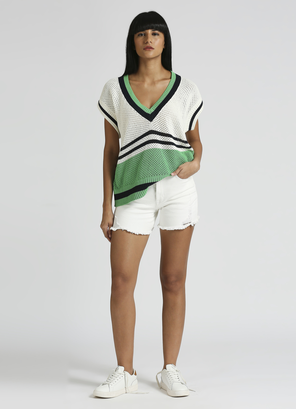 Green Oversized Self-Design Sleeveless Knitted Varsity Vest, , large image number 5