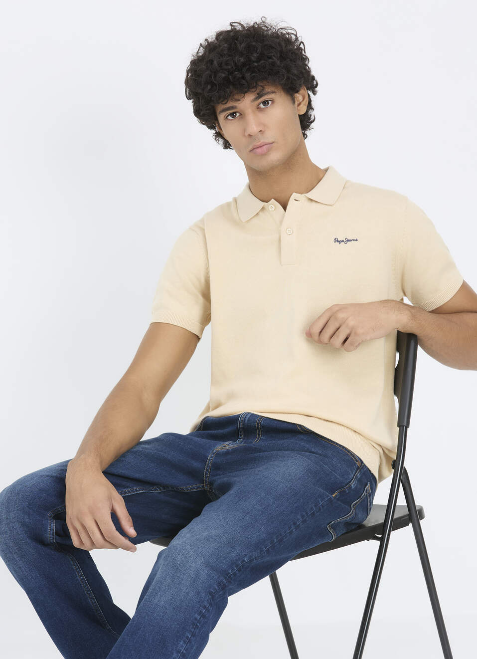 Men Ivory Self Structure Short Sleeve Flat Knit Polo, , large image number 0