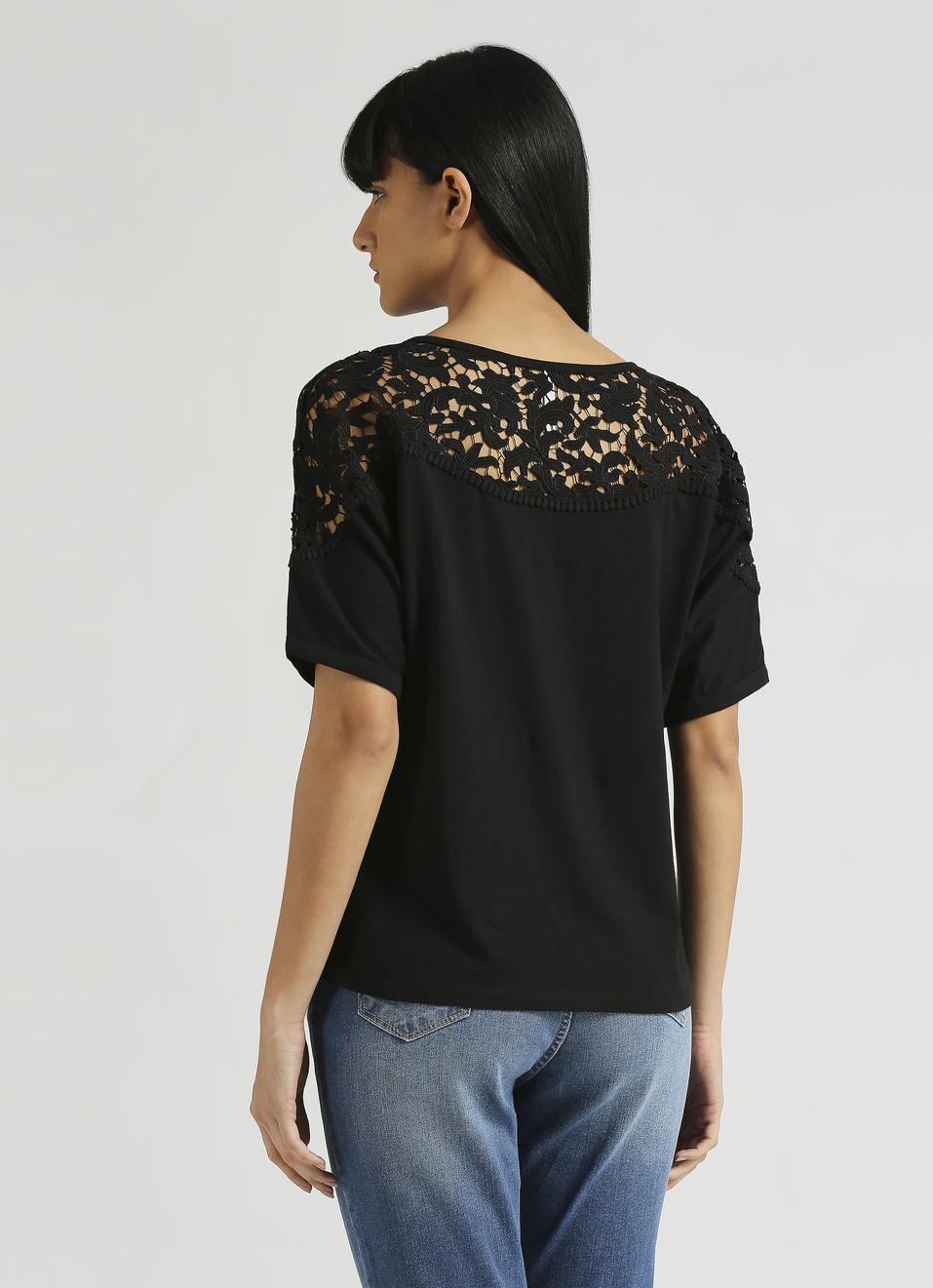 Black Lace Detail Extended Shoulder Top, , large image number 2