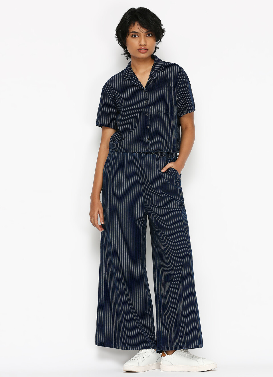Dark Blue Striped High Waist Wide Leg Pants, , large image number 0