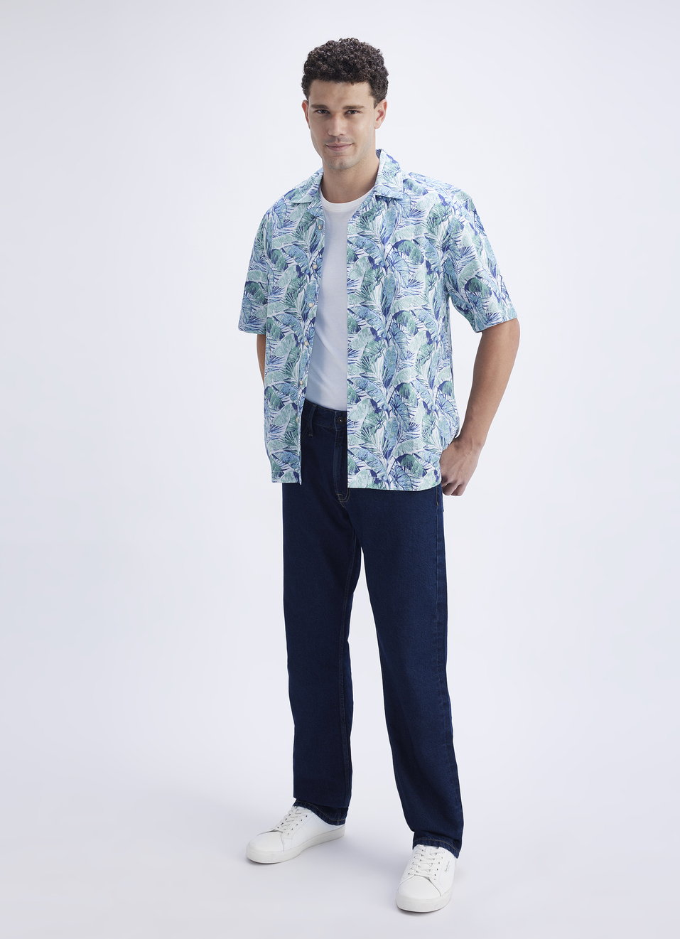 Men Green Resort Collar Tropical Leaf Print Short Sleeve Shirt, , large image number 5