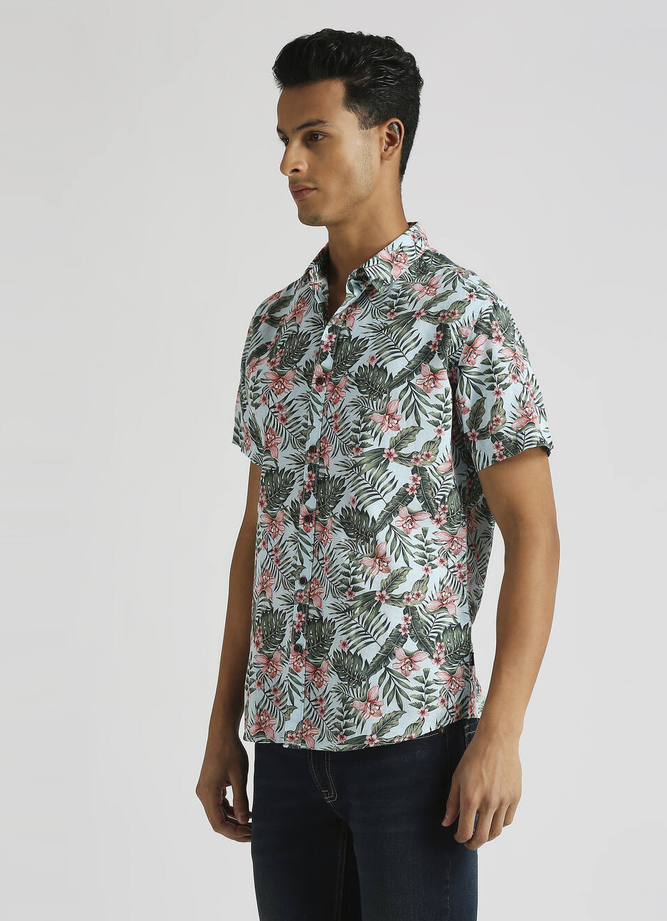 Blue Tropical Print Linen Short Sleeve Shirt, , large image number 3
