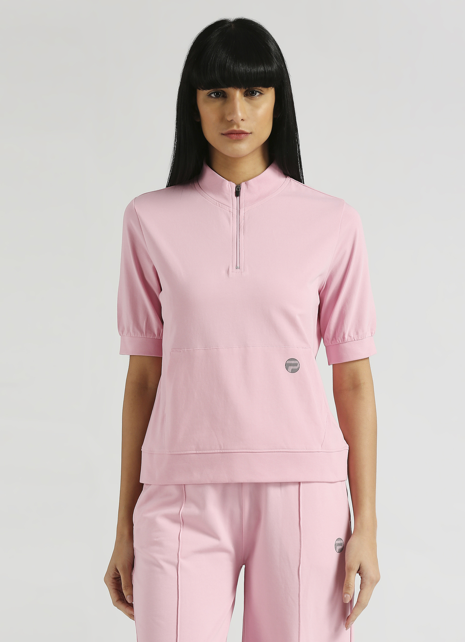 Pink Reflective Print Kangaroo Pocket Puff Sleeve T-shirt, , large image number 1