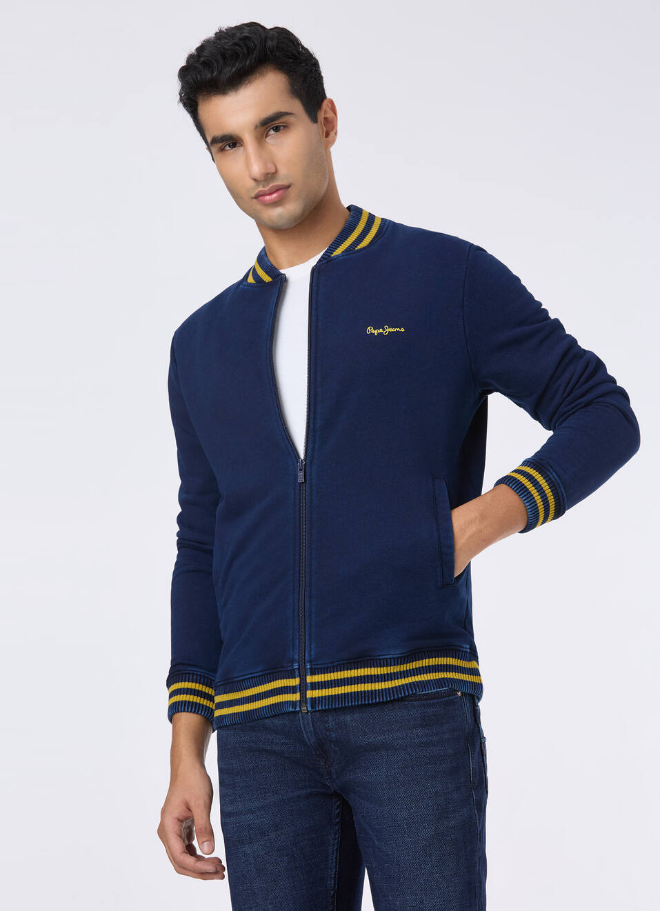 Men Navy Varsity Collar Zip Up Sweatshirt, , large image number 0