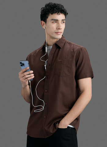 Men Brown Solid Cotton Linen Short Sleeve Shirt