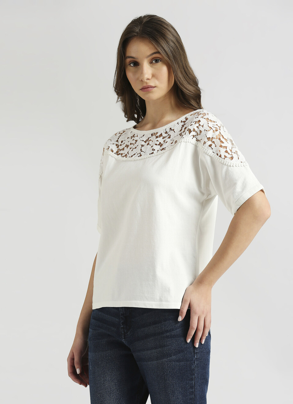 White Lace Detail Extended Shoulder Top, , large image number 3