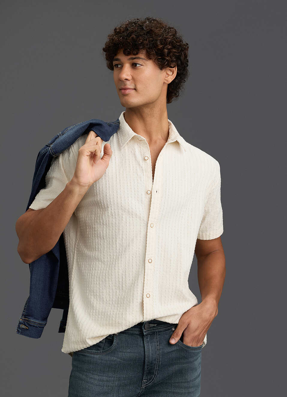 Men Beige Self Textured Regular Fit Short Sleeve Casual Shirt, , large image number 0