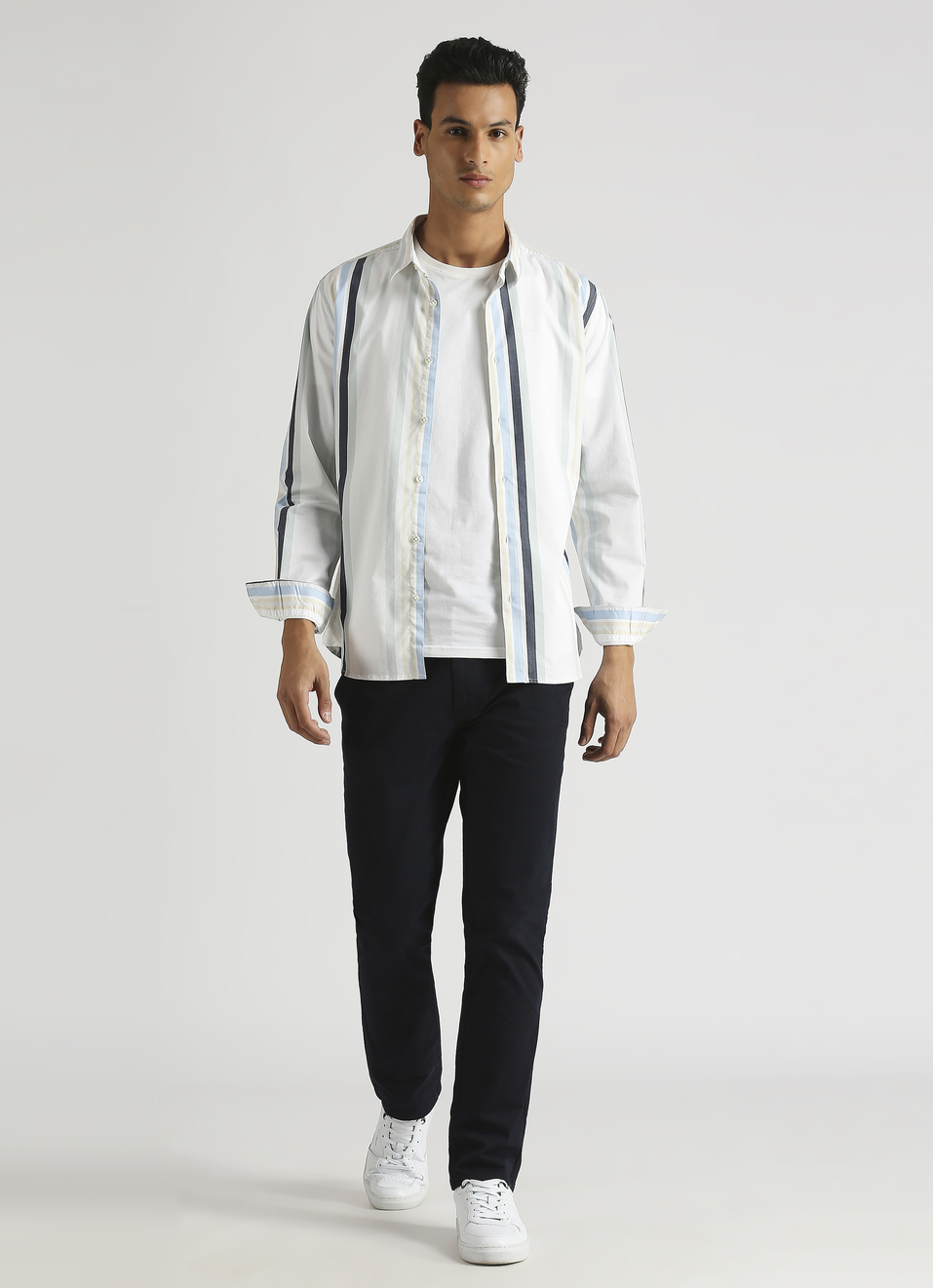 White Yarn Dyed Stripes Premium Stretch Long Sleeve Shirt, , large image number 5