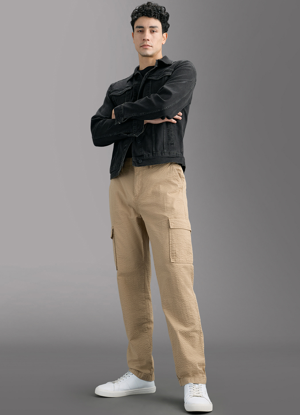 Men Khaki Striped Mid Rise Cargo Pants, , large image number 1
