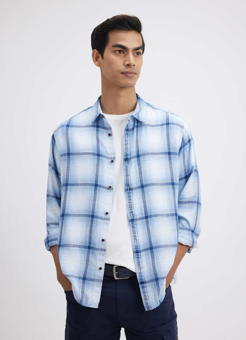 Men Blue Check Full Sleeve Shirt, , large image number 0
