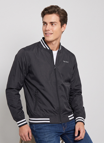 Men Black Solid Baseball Collar Long Sleeve Jacket