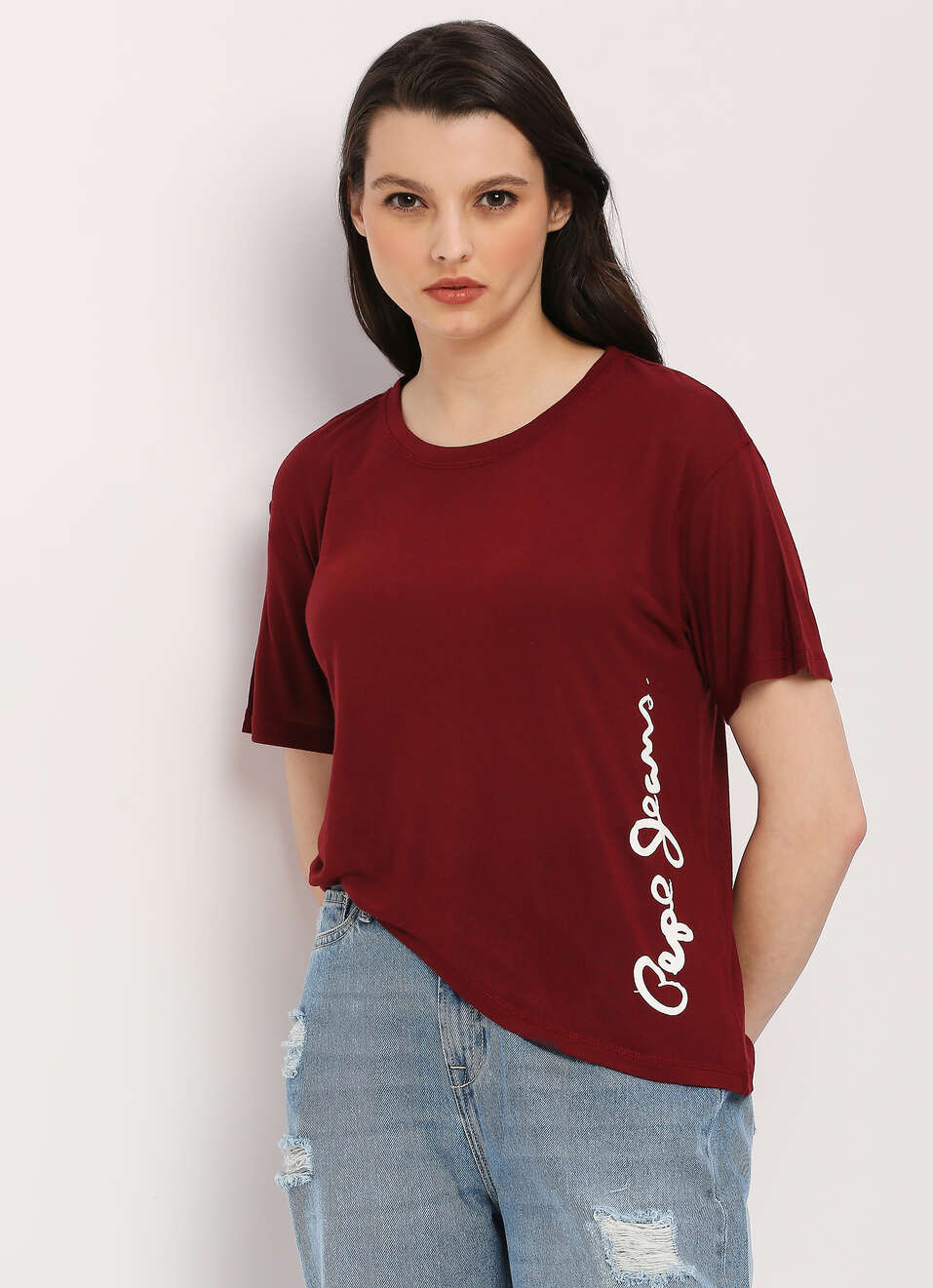 Burgundy Round Neck Short Slevee T-shirt, , large image number 0