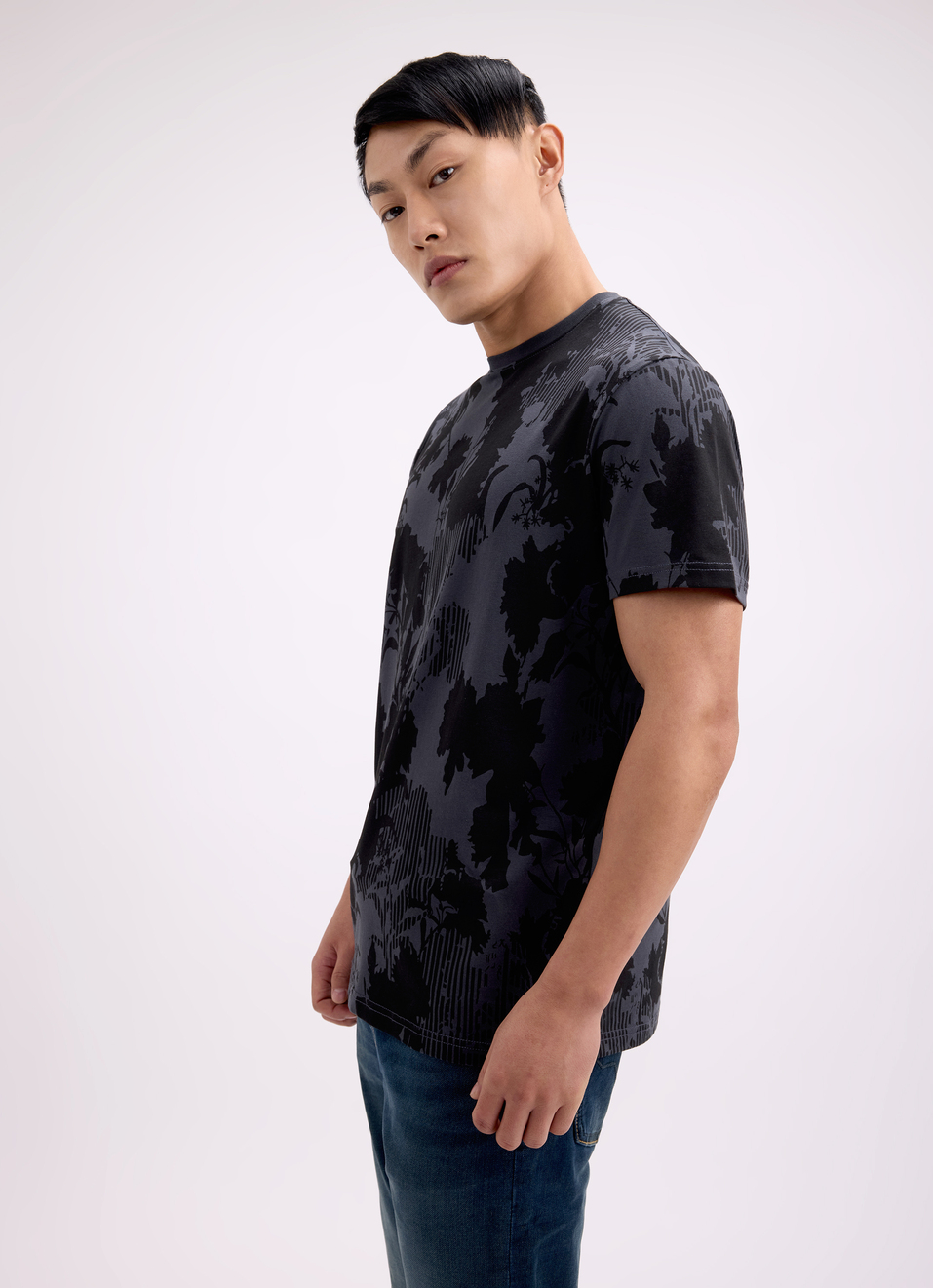 Men Grey Tropical Print Short Sleeve Stretch T-shirt, , large image number 3
