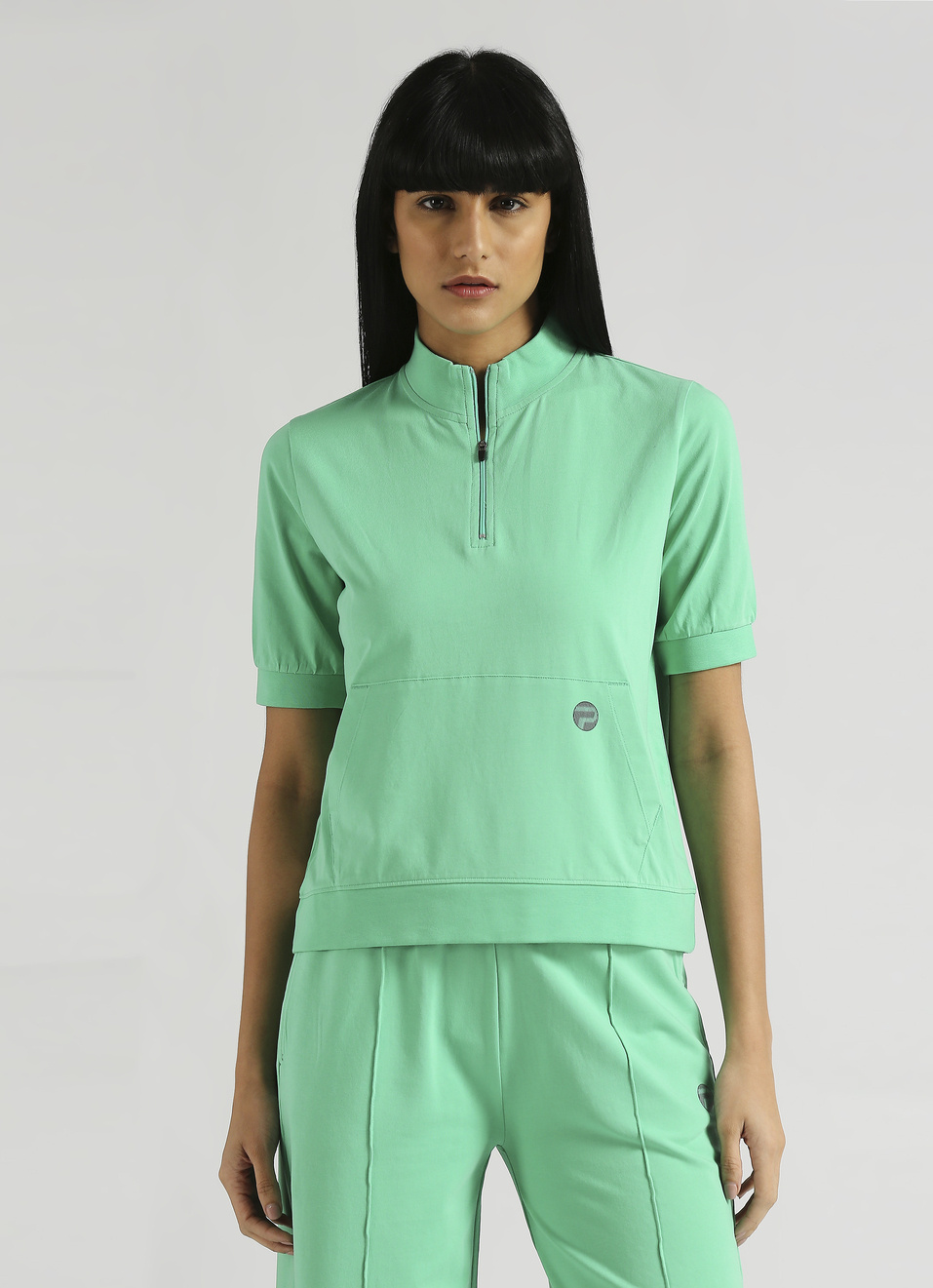Green Reflective Print Kangaroo Pocket Puff Sleeve T-shirt, , large image number 1