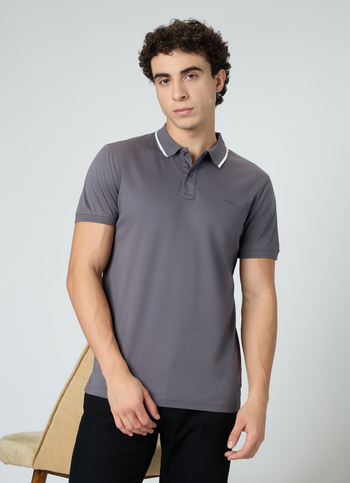 Men Grey Solid Contrast Collar Tipping Polo