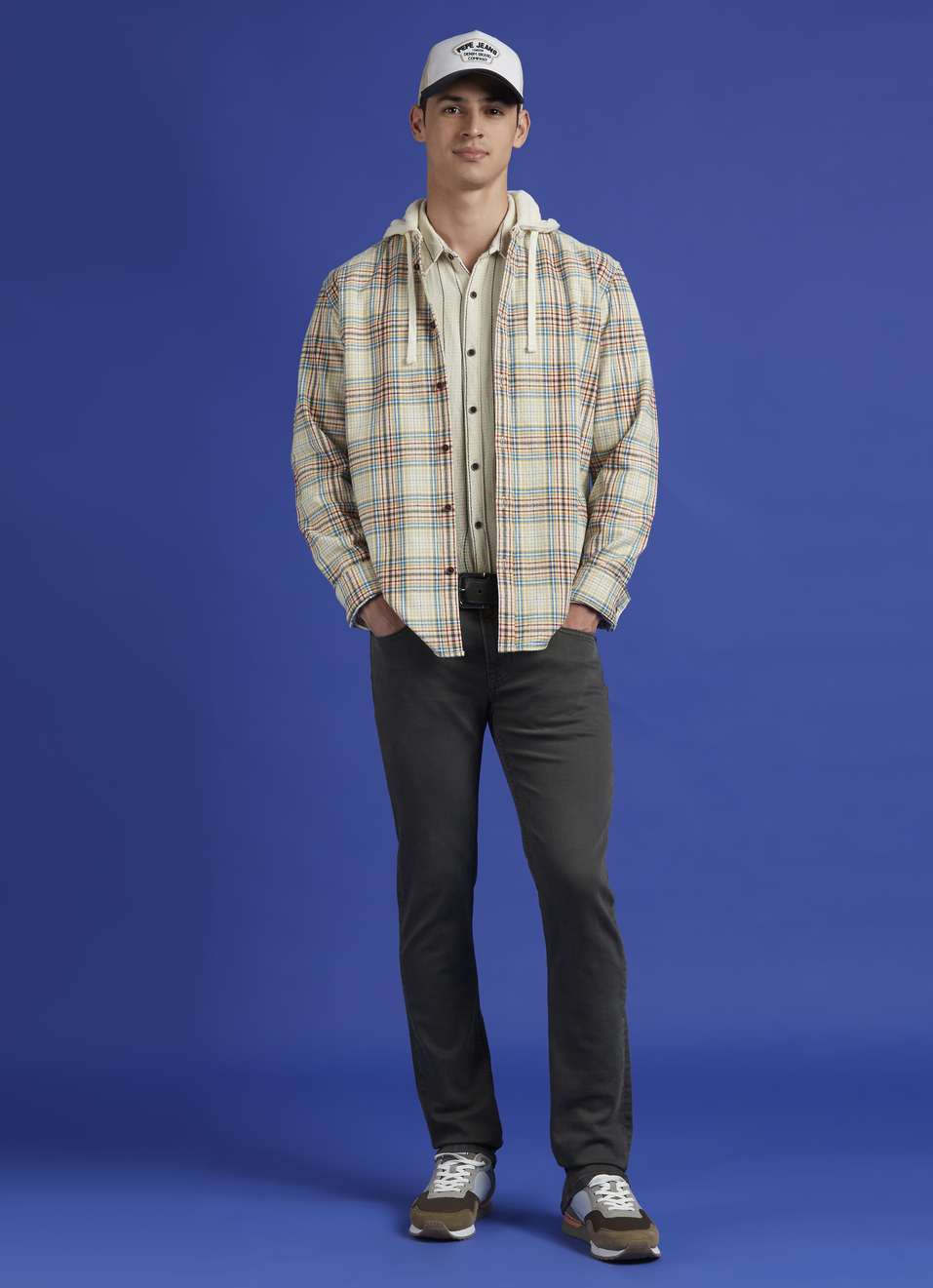 Ecru Check Full Sleeve Hooded Shirt, , large image number 5