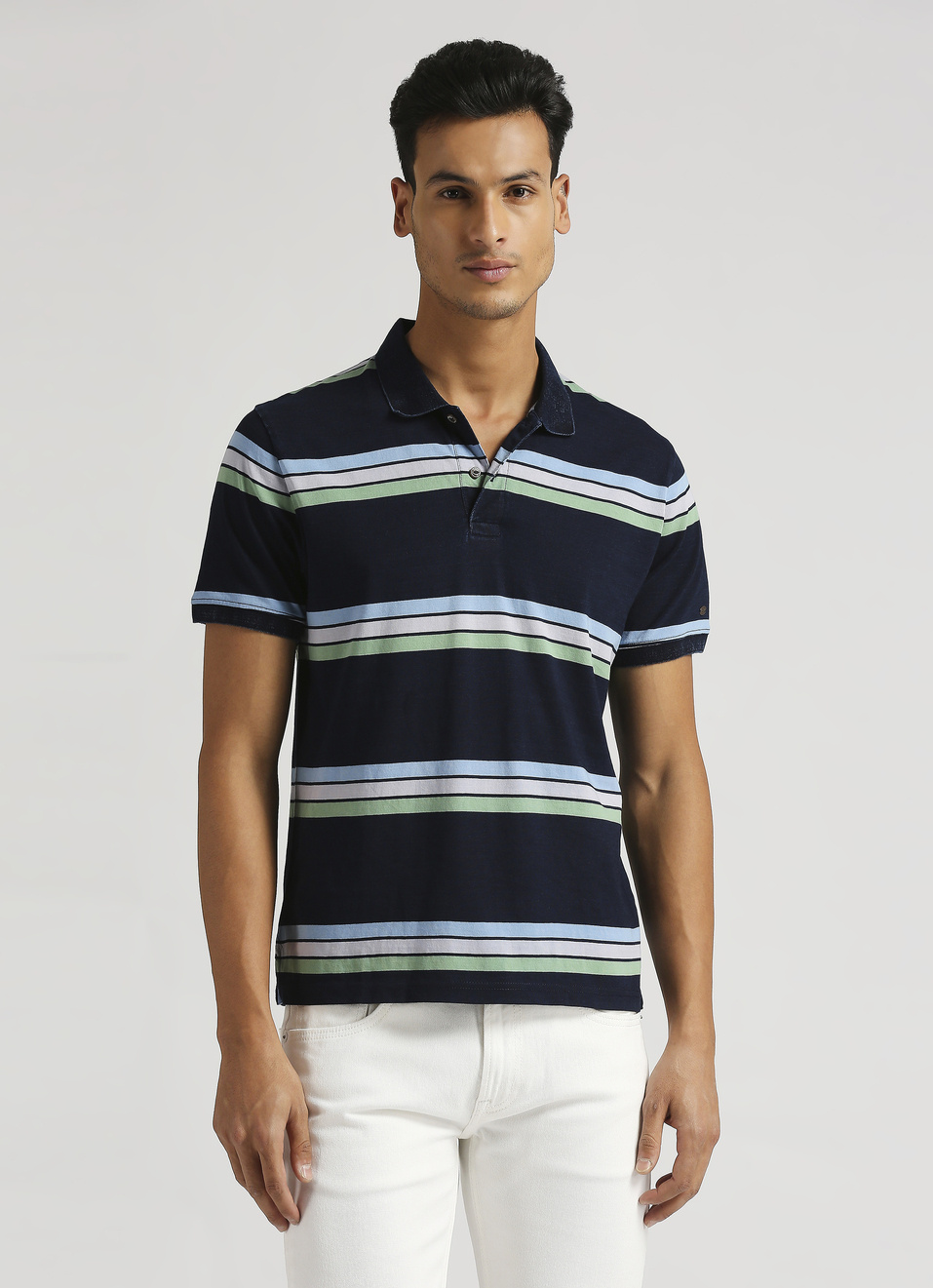 Yarn Dyed Stripes Indigo Short Sleeve Polo, , large image number 1