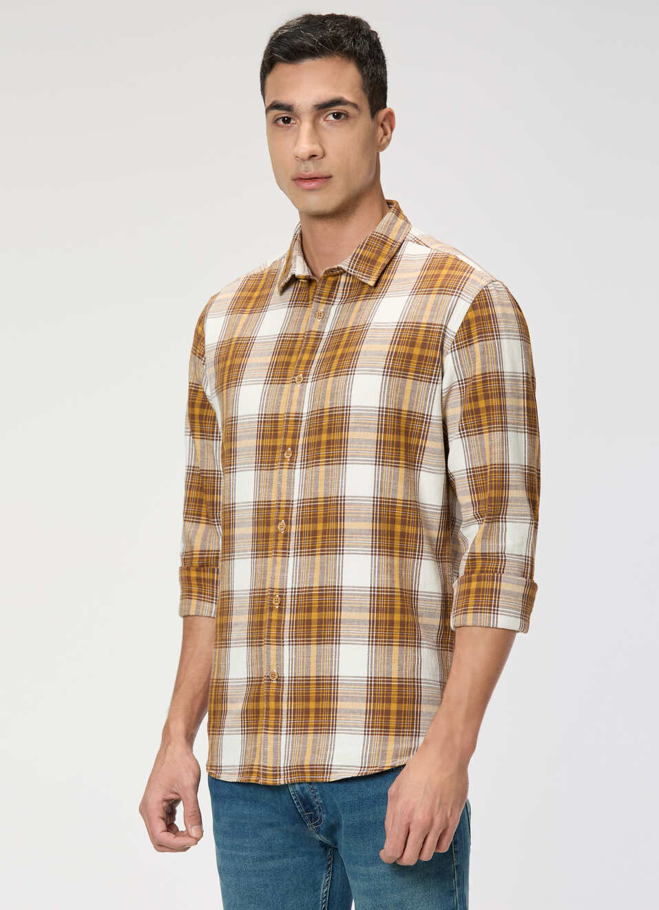Men Brown Checked Shirt, , large image number 3