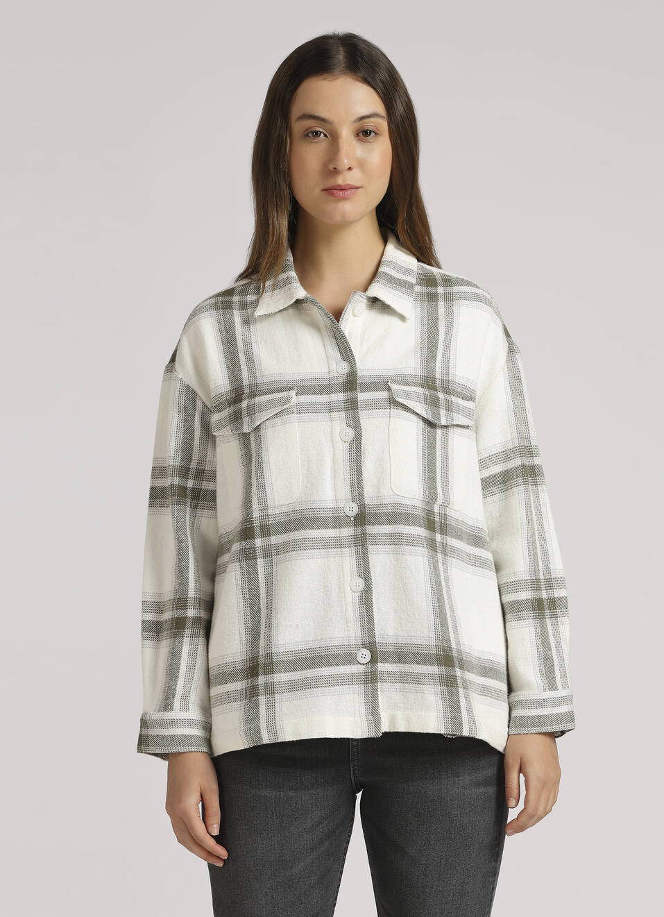 White Oversized Check Full Sleeve Shirt, , large image number 1