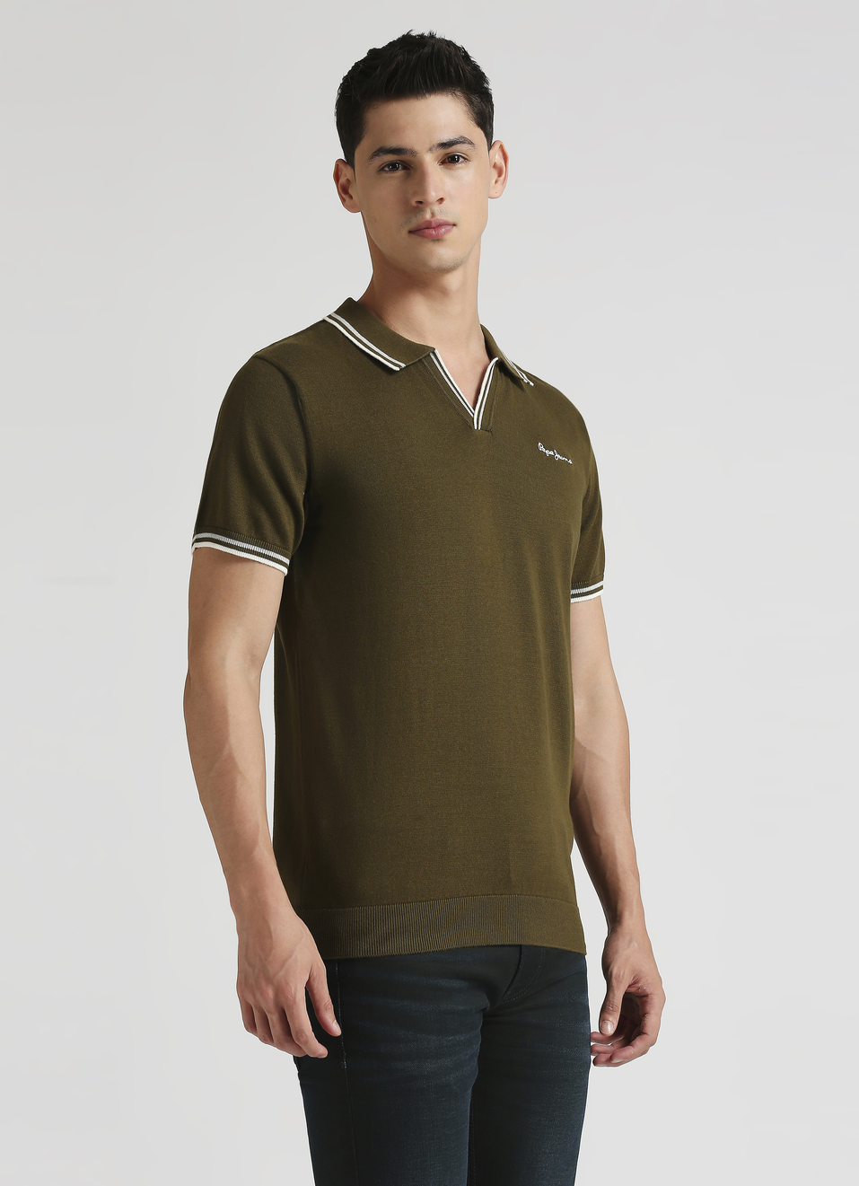 Olive Jonny Collar Short Sleeve Knitted Top, , large image number 3