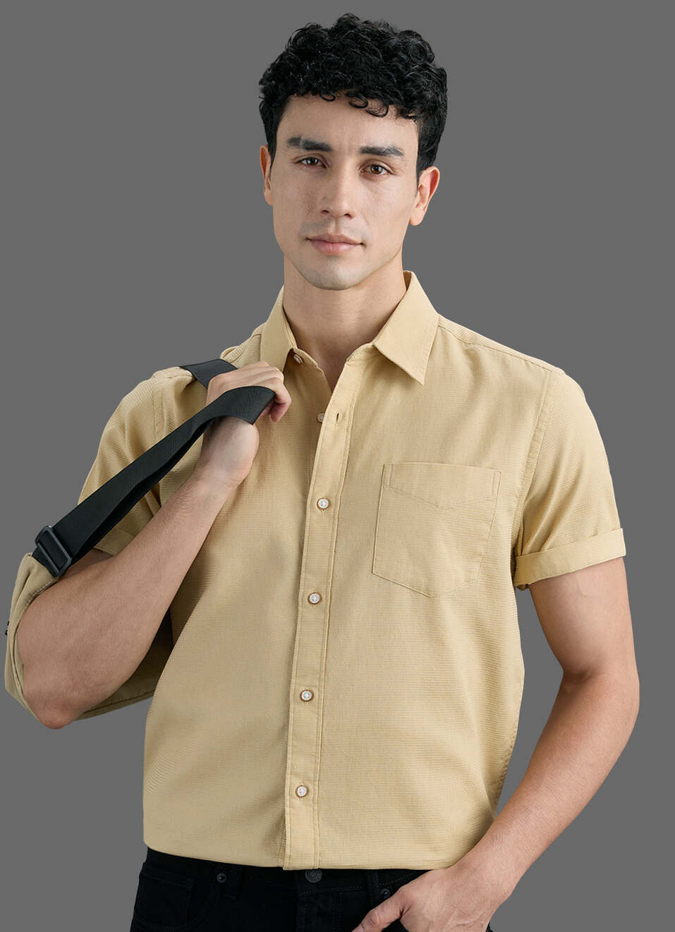 Men Beige Solid Dobby Short Sleeve Shirt, , large image number 0