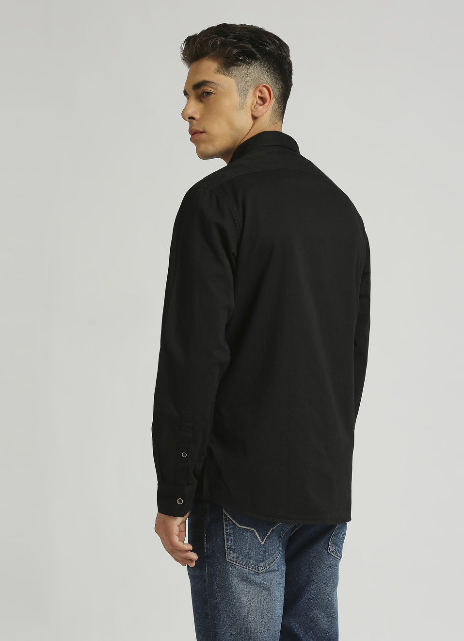 Black Solid Double Pocket Long Sleeve Shirt, , large image number 2