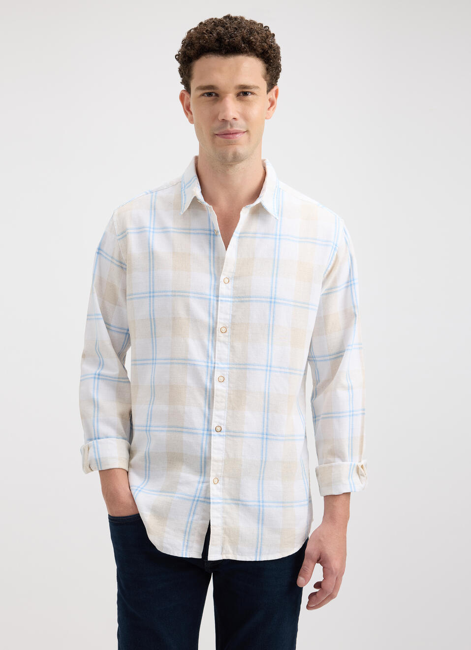Men Beige Check Full Sleeve Shirt, , large image number 1