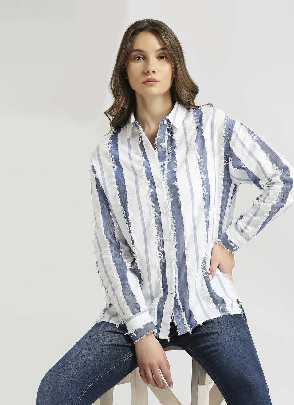 Blue Oversized Stripes Self Design Long Sleeve Shirt, , large image number 0