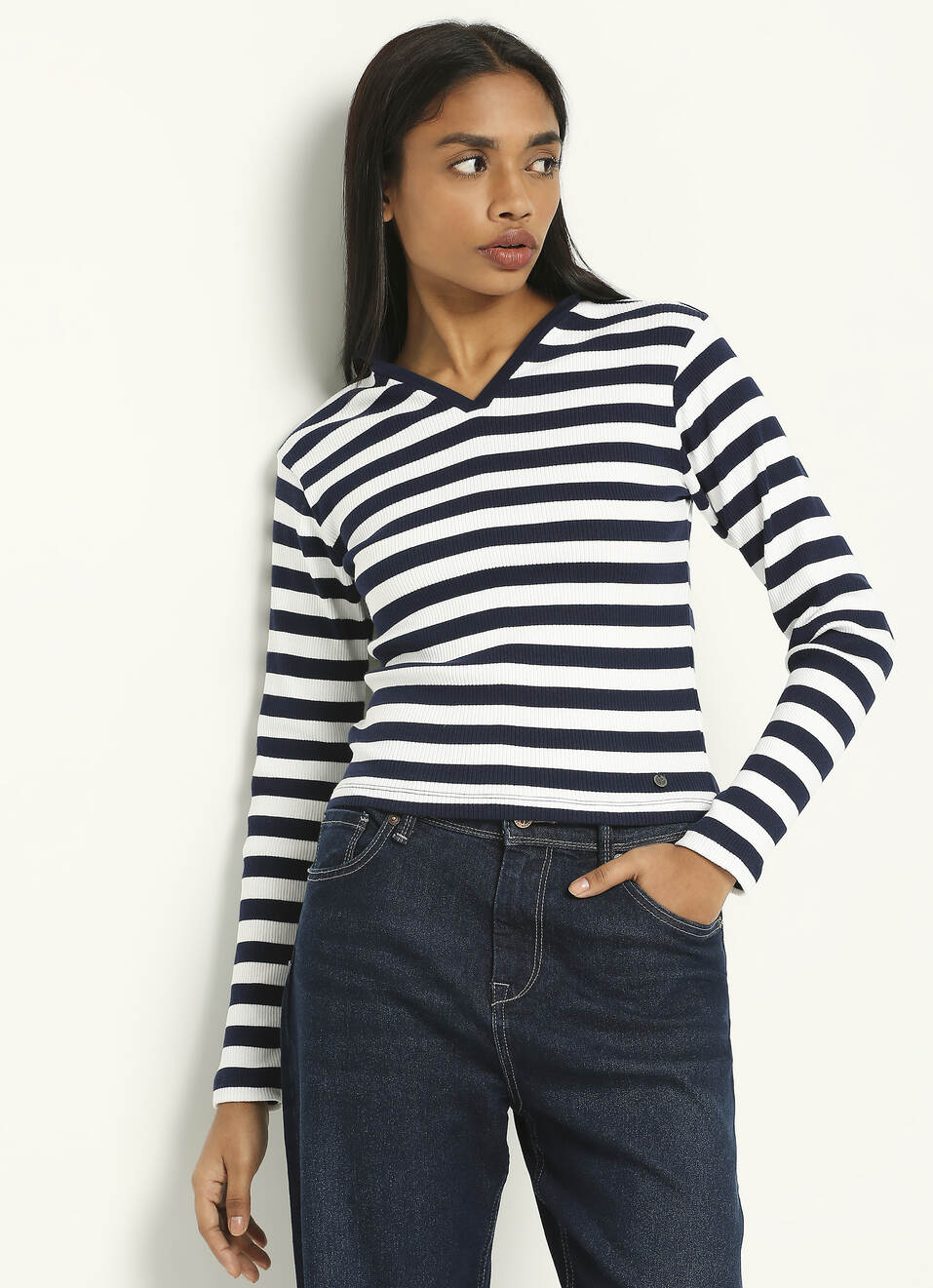 Navy Striped Full Slevee T-shirt, , large image number 0