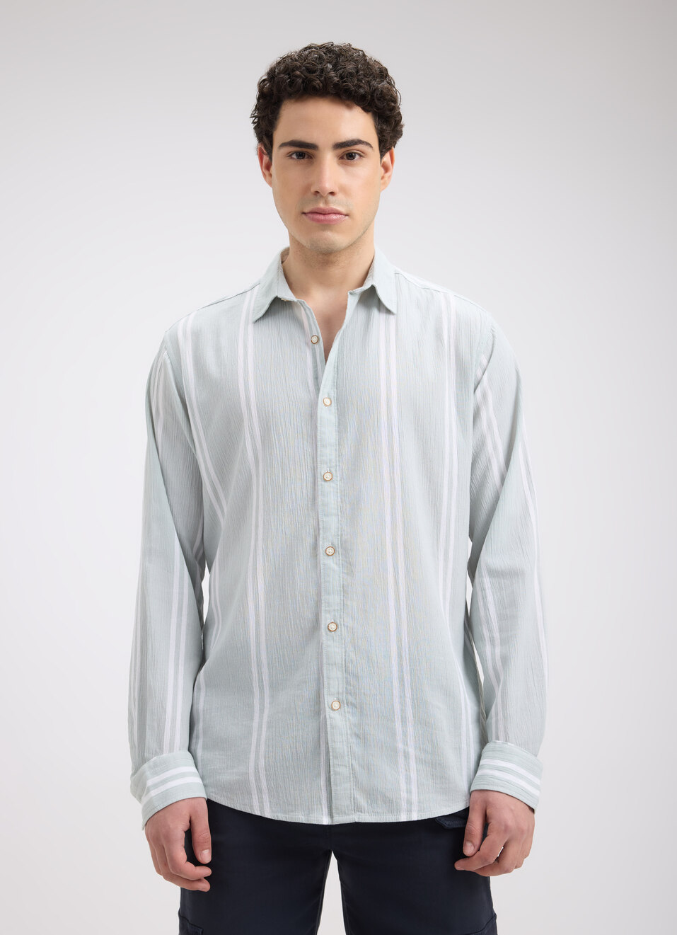 Men Green Stripe Full Sleeve Shirt, , large image number 1