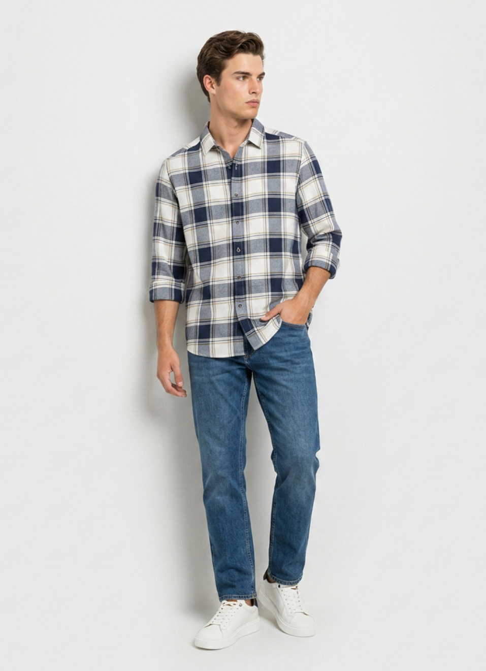 Men Blue Checked Dobby Long Sleeve Shirt, , large image number 5