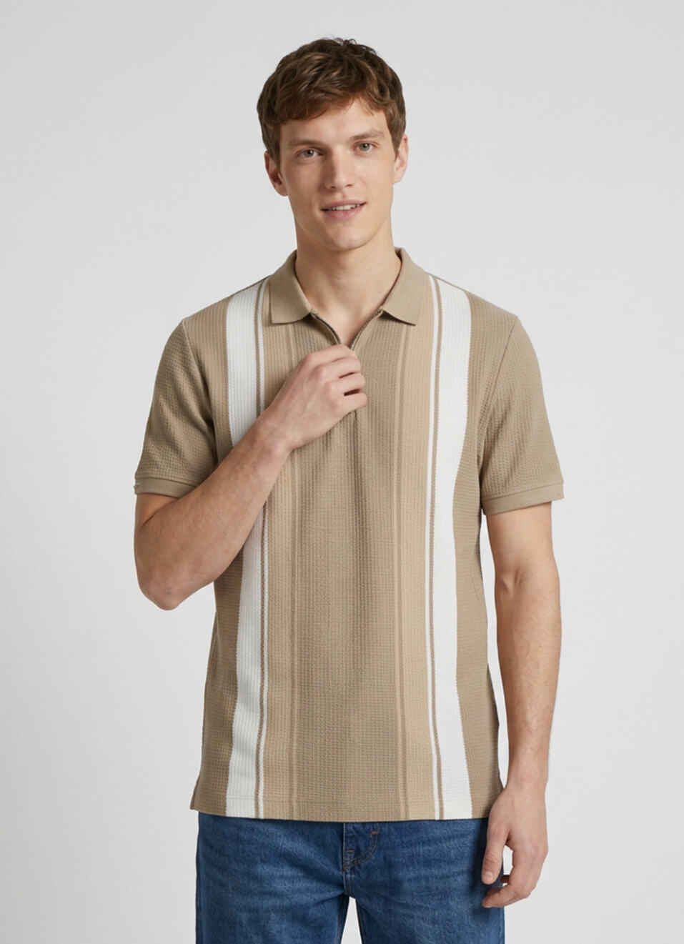 Men Khaki Striped Polo Collar T-shirt, , large image number 1