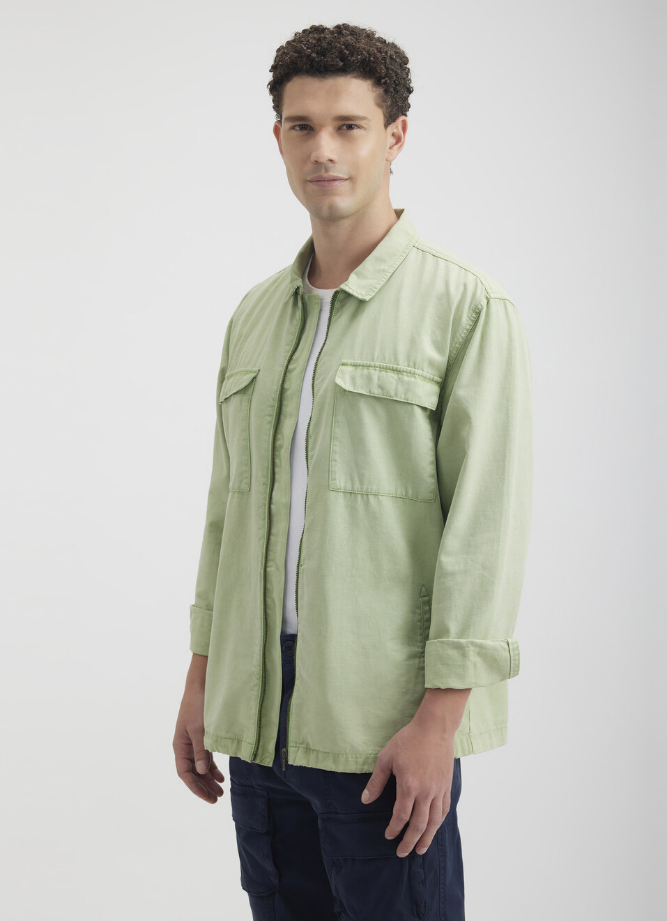 Men Green Overdyed Oversized Zipper Shirt, , large image number 3