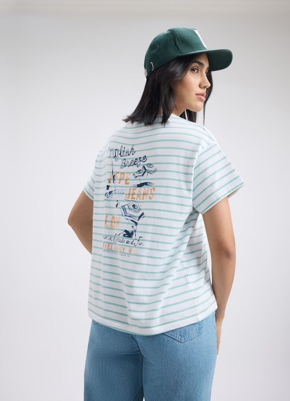 Women Blue Back Print Short Sleeve T-shirt, , large image number 0