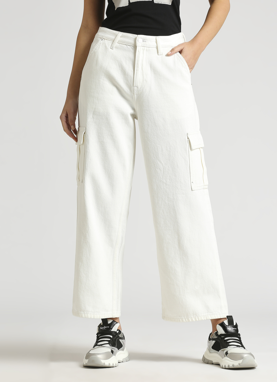 Cargo Straight Fit High Waist White Jeans, , large image number 1